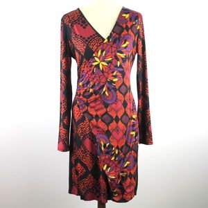 Desigual Jersey Knit Faux Crossover Long Sleeve Multicolor Floral Black Dress L